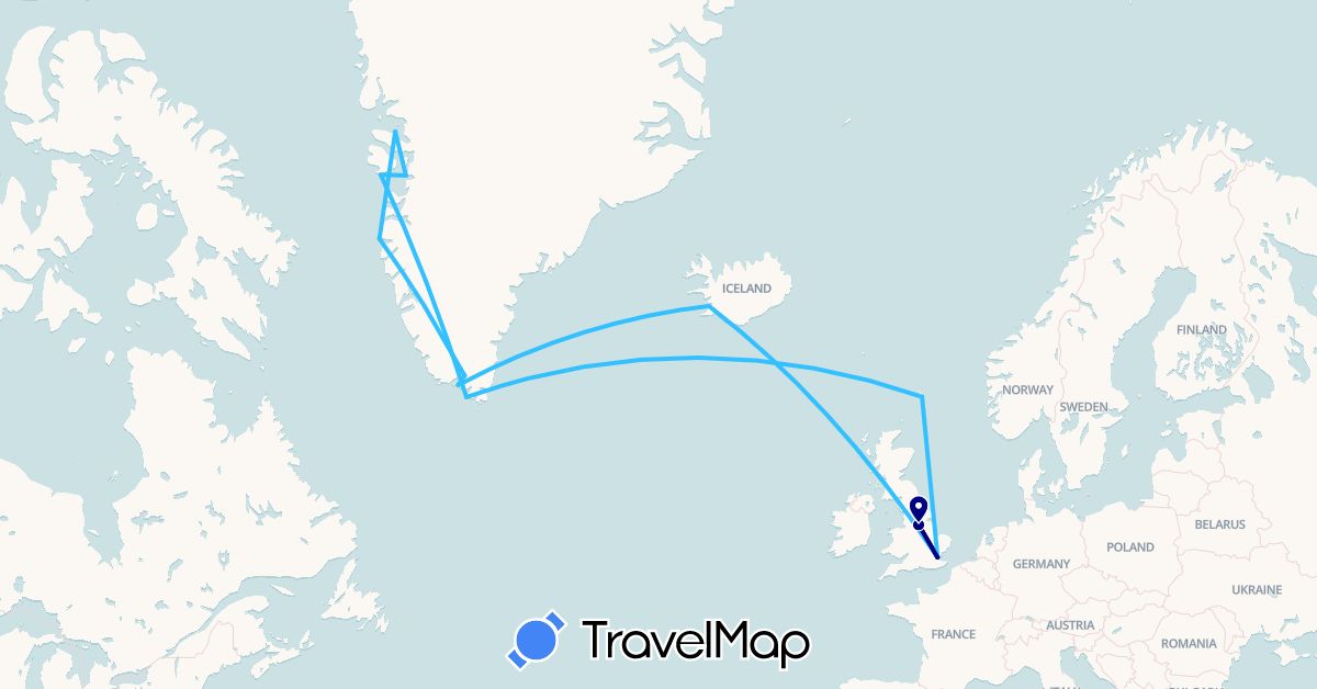 TravelMap itinerary: driving, boat in United Kingdom, Greenland, Iceland (Europe, North America)